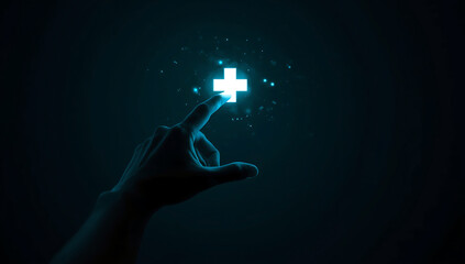 Close up of a human finger touching a glowing cyan plus sign symbol against a dark background