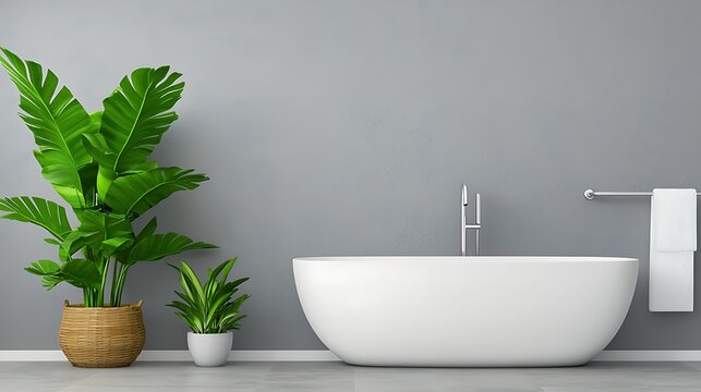 Luxury Bathroom Sanitized Concept, Modern Bathroom with Plants and Elegant Freestanding Tub