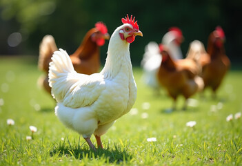 close up of a white chicken standing on green grass with brown hens in the background free range poultry farming rural countryside scene natural agriculture and domestic farm birds outdoors