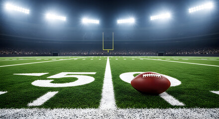 Professional American football resting on stadium turf under bright lights, ready for intense game-day action