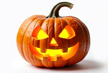 Glowing carved jack-o’-lantern pumpkin with a bright yellow light inside, traditional Halloween decoration symbolizing spooky autumn nights, festive celebrations, and seasonal holiday spirit.