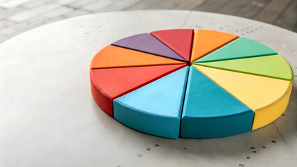 Colorful circular pie chart made of soft blocks arranged on concrete tabletop under natural light, representing data visualization, business analysis and financial distribution concept