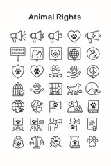 Outline symbol pack illustrating concepts of animal welfare and activism, featuring icons for protection, protest, and anti-cruelty campaigns