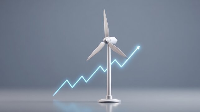 A sleek wind turbine model with a rising graph, symbolizing growth in renewable energy and sustainability.