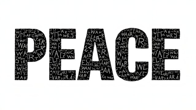 Creative typography art showing the word PEACE built entirely from repeated black WAR letters on a gray background, symbolizing anti-war and peace message
