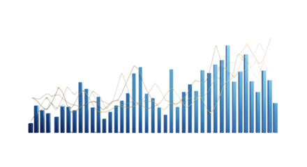 Blue bar graph with line chart isolated on transparent background