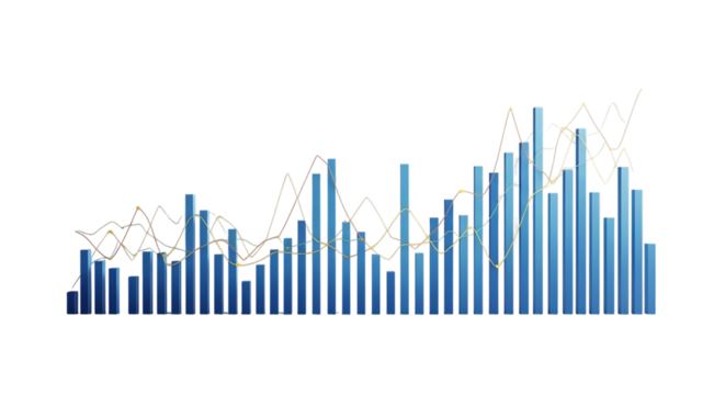 Blue bar graph with line chart isolated on transparent background