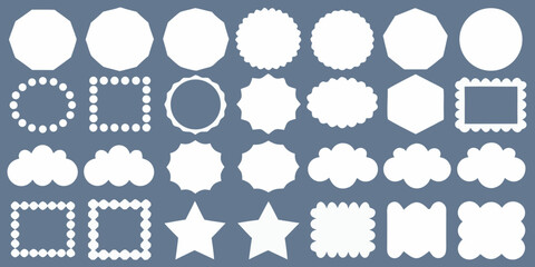 Collection of white decorative shapes and frames on a blue background for design elements