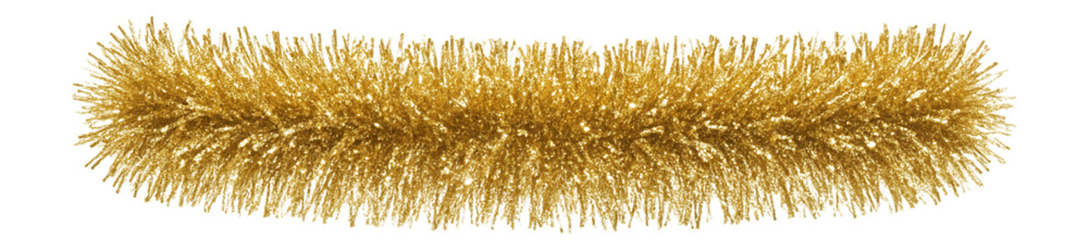 Gold tinsel garland with glitter particles and shiny sheen