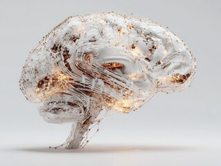 Abstract brain, glowing with intricate circuitry.  A stylized, 3D model of a brain, rendered in soft white and warm gold. 