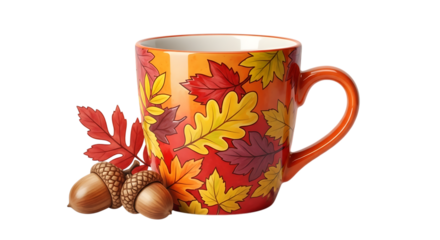 Autumn mug with fall leaves and acorns isolated on transparent background