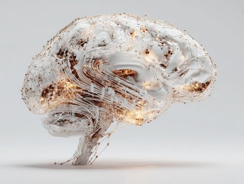 Abstract brain, glowing with intricate circuitry.  A stylized, 3D model of a brain, rendered in soft white and warm gold. 