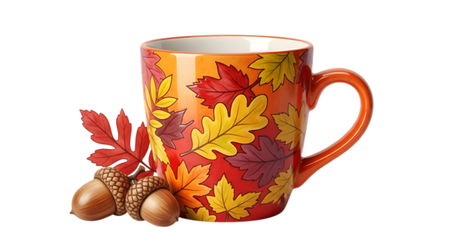 Autumn mug with fall leaves and acorns isolated on transparent background - Powered by Adobe