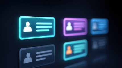 A digital display features user profile icons and information cards in vibrant colors against a dark background, suggesting a tech or social media theme.
