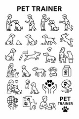 A comprehensive line art icon collection illustrating dog training commands, animal behavior, and pet care concepts