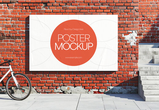 Outdoor Horizontal Poster Mockup on Brick Wall with Bicycle and Stairs
