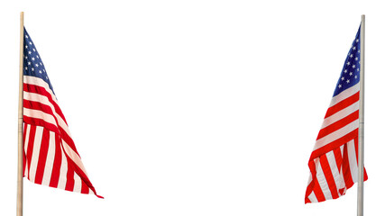 Close up photo of 2 American US flags with copy space, isolated on white or transparent background, veterans day or memorial day web banner, presidential elections, american national holiday, July 4