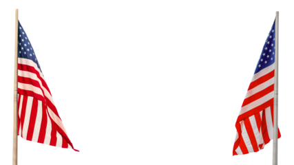 Close up photo of 2 American US flags with copy space, isolated on white or transparent background, veterans day or memorial day web banner, presidential elections, american national holiday, July 4