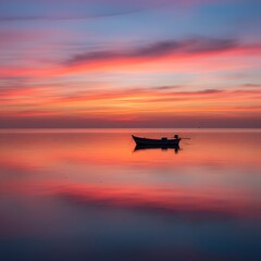 Serene Boat Silhouetted Against a Vibrant Sunset Reflection on Calm Water