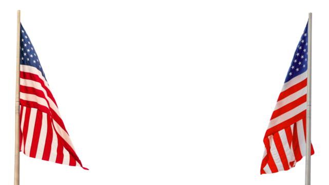 Close up photo of 2 American US flags with copy space, isolated on white or transparent background, veterans day or memorial day web banner, presidential elections, american national holiday, July 4