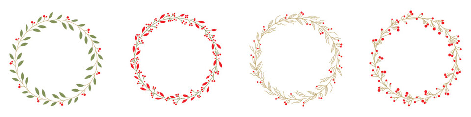 Round Frame Set Christmas Plant Wreath Berry Spruce Linear Flat Set. New Year Holiday Circle.