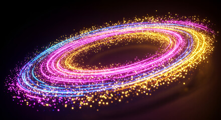 Abstract glowing light trail rings with glitter particles on a dark background