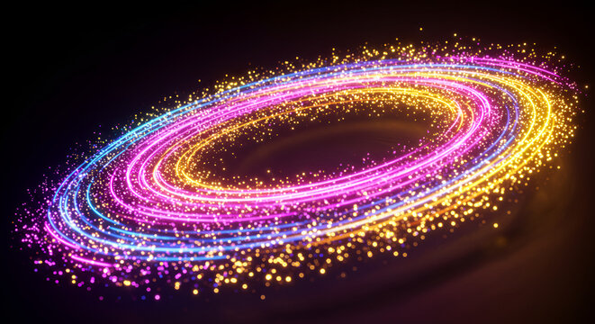 Abstract glowing light trail rings with glitter particles on a dark background