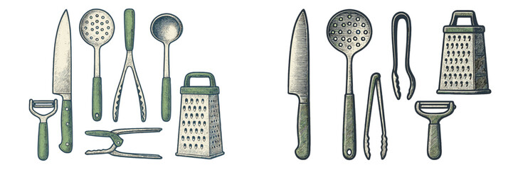 Assorted kitchen utensils for food preparation and cooking tasks