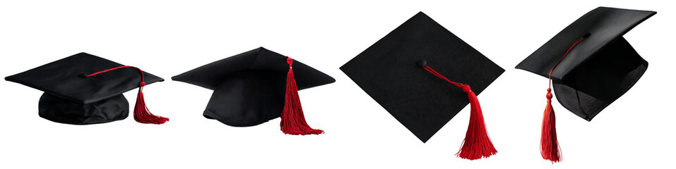 Set of Black Graduation Caps with Red Tassels, isolated on a transparent background.