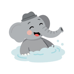 Cute elephant cartoon character taking a bath with soap bubbles.