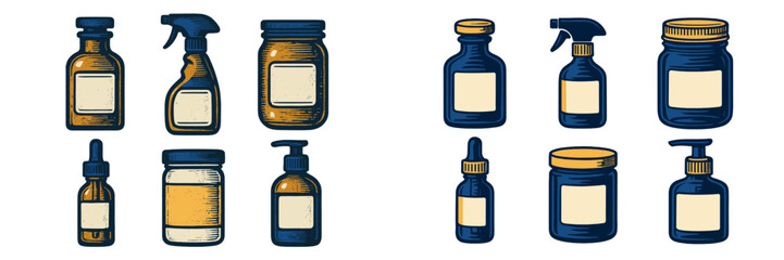 Assorted bottles and jars with blank labels for product packaging