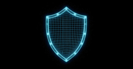 3D blue wireframe shield emblem on a blue background, a symbol of security and protection, law technology