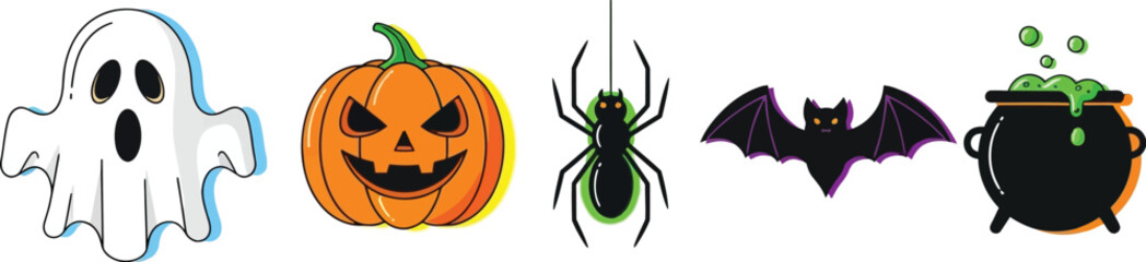 Halloween icons set cute ghost, scary pumpkin, spider, bat and cauldron halloween elements for design