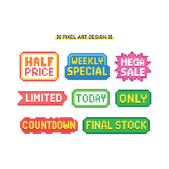 Pixel art sale labels set. Retro 8-bit style discount banners with text. Colorful vintage video game graphic design for online shopping, marketing, e-commerce promotion. Vector isolated on white.