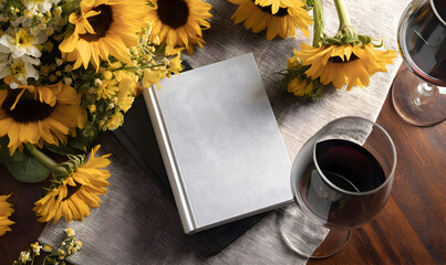 Sunflowers Wine and Book: A Still Life of Relaxation and Elegance.