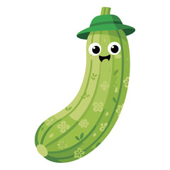 Cute zucchini cartoon character with a happy face and a green hat.