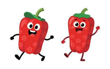 Two cute red bell pepper cartoon characters with happy faces.