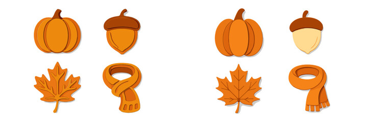 Autumn harvest symbols: pumpkins, acorns, maple leaves, and scarves © icon_art