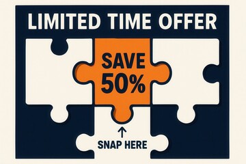 Limited Time Offer with SAVE 50% discount promo, puzzle style, engaging retail sale announcement.