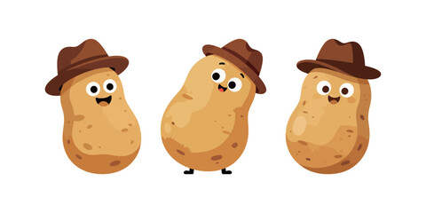 Three cute potato cartoon characters with brown hats.