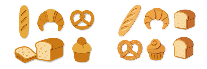 Assorted baked goods: bread, croissants, pretzels, and cupcakes