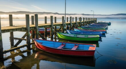 Fototapeta premium Colorful boats moored on a tranquil dock at dawn