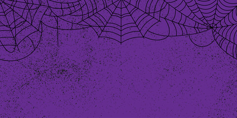 Black Spider Web on purple grunge background. Halloween Spooky cobweb hanging , vector Illustration