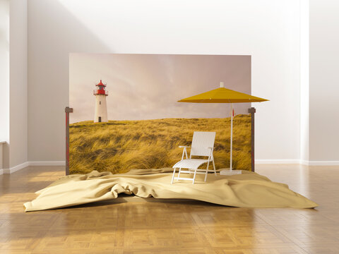 Conceptual indoor vacation beach scene with chair and lighthouse backdrop