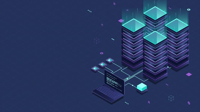 Database servers animation. Server room data center. Hosting server isometric. Isometric technology. 4K video animated in isometric style