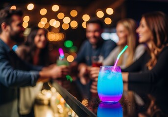 Neon-colored cocktail on bar counter with friends socializing at night