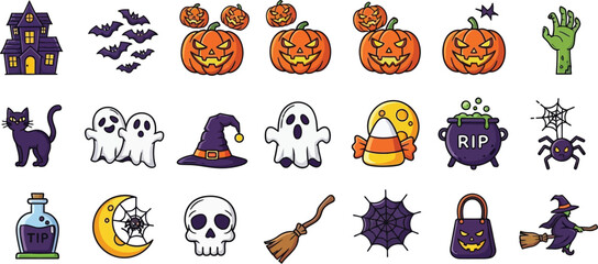 Halloween vector icon set with pumpkins ghosts witches and more
