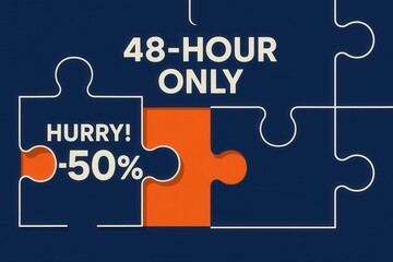 Puzzle piece banner with 48-HOUR ONLY and HURRY! -50% discount offer, sleek modern style, urgent retail promotion incentive.