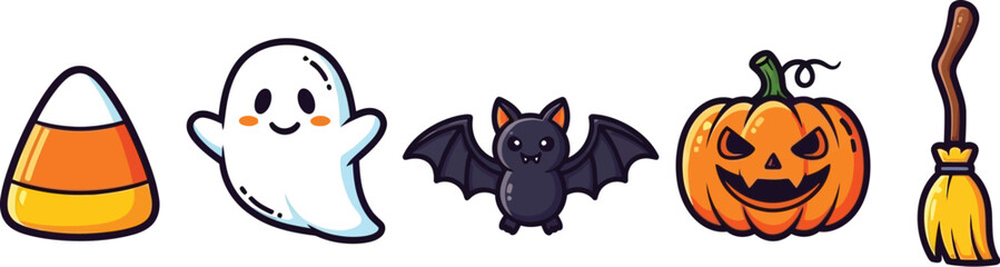 A cute and colorful collection of halloween icons, featuring candy corn, ghost, bat, pumpkin, and broom