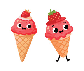 Two cute ice cream cartoon characters with strawberries on top.